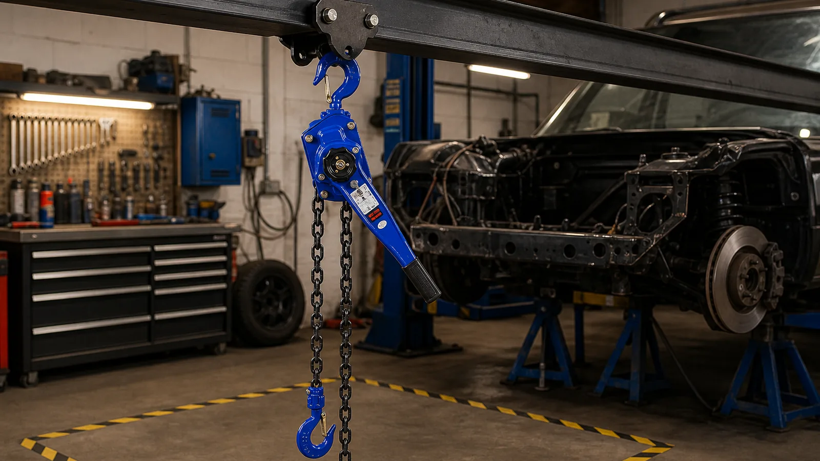 UK guide visual for lever hoist automotive workshop UK